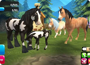 Jeu de simulation équestre avec plusieurs chevaux côte à côte, illustrant les mécanismes d'élevage, de collection et d'interaction dans un environnement de ferme virtuelle.