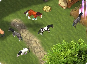 Un paysage fantastique composé de montagnes, de vallées et de fleurs colorées, créant un environnement pittoresque à explorer dans un jeu de simulation équestre.