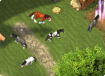 Un paysage fantastique composé de montagnes, de vallées et de fleurs colorées, créant un environnement pittoresque à explorer dans un jeu de simulation équestre.