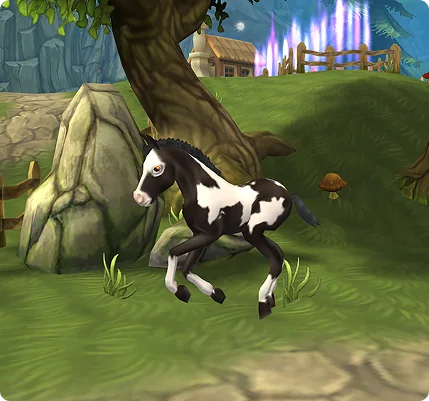 Jeu de simulation équestre montrant un poney galopant dans un environnement forestier parsemé de rochers et de verdure, mettant l'accent sur le mouvement et l'exploration.