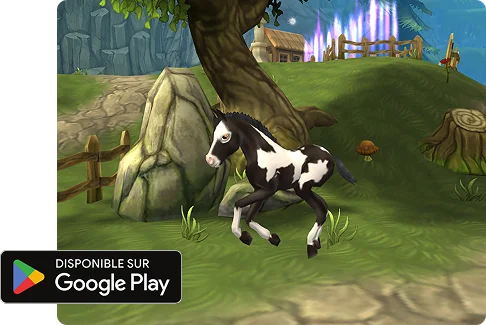 Jeu de simulation équestre montrant un poney galopant dans un environnement forestier parsemé de rochers et de verdure, mettant l'accent sur le mouvement et l'exploration.