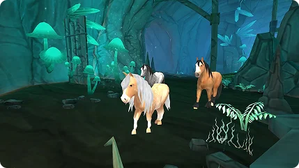 Scène de jeu de simulation équestre à l'intérieur d'une grotte mystique illuminée avec plusieurs chevaux, présentant des éléments fantastiques et un environnement propice à l'aventure.