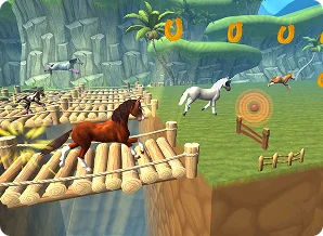 Jeu de simulation d'entraînement équestre avec parcours d'obstacles comprenant un pont en bois et des cibles, mettant en valeur les défis d'habileté dans un environnement de ferme virtuelle.