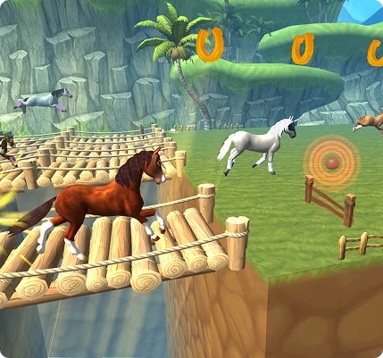 Jeu de simulation d'entraînement équestre avec parcours d'obstacles comprenant un pont en bois et des cibles, mettant en valeur les défis d'habileté dans un environnement de ferme virtuelle.