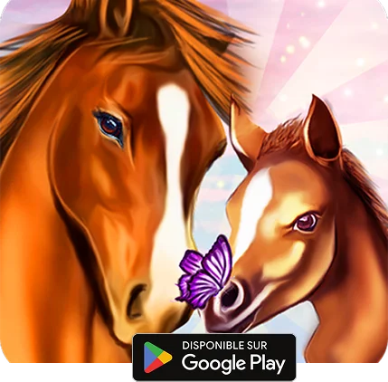 Illustration d'un cheval et de son poulain avec un papillon, symbolisant le lien, les soins et l'attention dans un jeu stylisé sur le thème des chevaux.