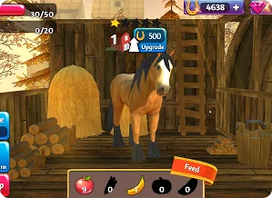 Interface d'un jeu de gestion d'écurie présentant les options d'alimentation et les ressources, axée sur les soins, les améliorations et le gameplay de gestion de la ferme.